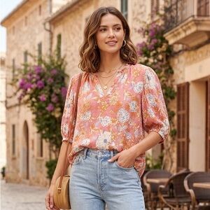 Rachel Zoe Floral Blouse - Pink, Orange, and White